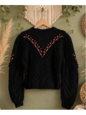 Vintage Austrian Trachten Mohair Wool Cardigan Rose Embroidered Puff Sleeve S